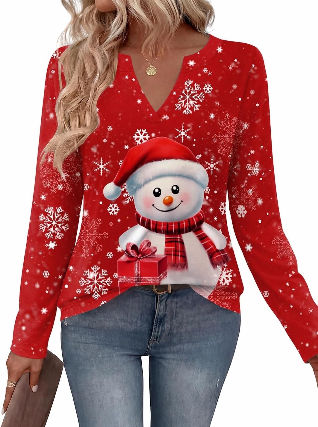 image:imageZeagoo Womens Tops Long Sleeve V Neck Tee Shirts Cute Dressy CasualRed Snowman Sd508