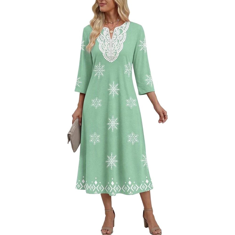image:imageZeagoo 34 Sleeve Dress for Women Midi Dresses V Neck Lace Casual SundressGreen Floral