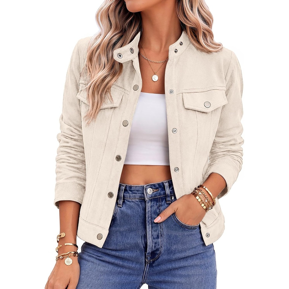 image:imageZeagoo Faux Suede Cropped Jackets for Women Trendy Fall Shackets CoatsBeige