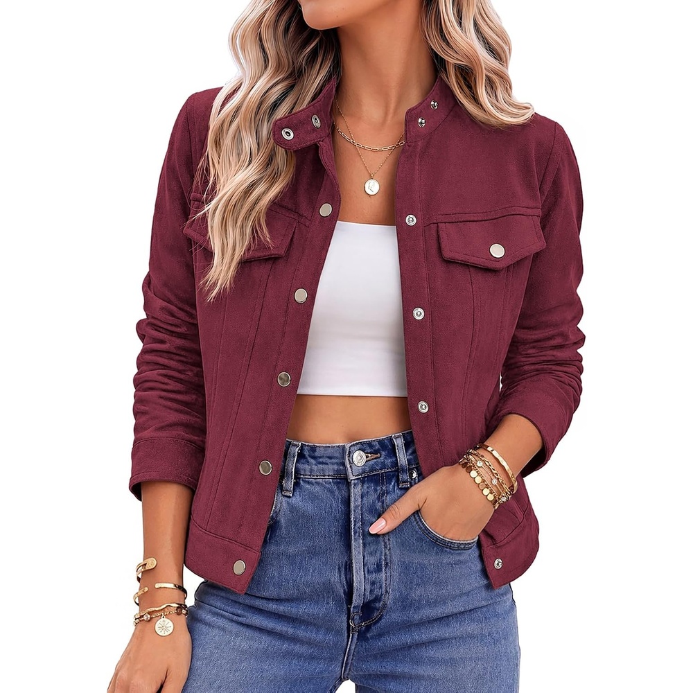 image:imageZeagoo Faux Suede Cropped Jackets for Women Trendy Fall Shackets CoatsDark Red