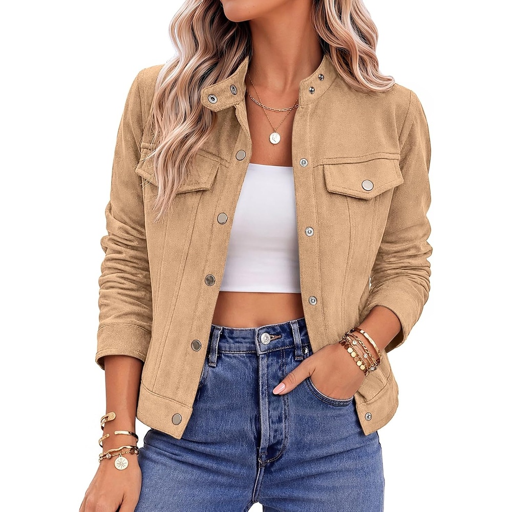 image:imageZeagoo Faux Suede Cropped Jackets for Women Trendy Fall Shackets CoatsLight Khaki