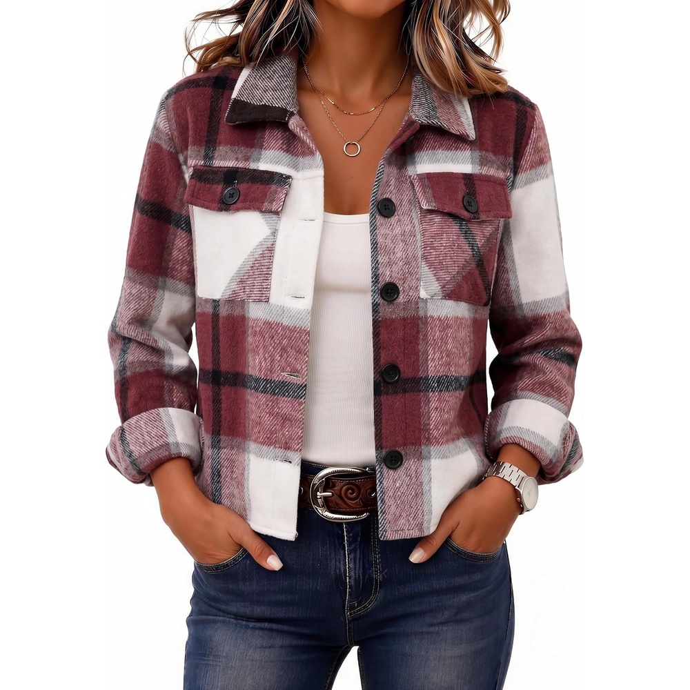 image:imageZeagoo Flannels for Women Cropped Shacket Jacket Fashion Plaid Fall CoatYdl3