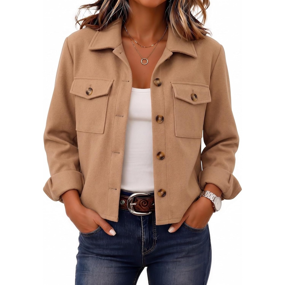 image:imageZeagoo Flannels for Women Cropped Shacket Jacket Fashion Plaid Fall CoatZcamel