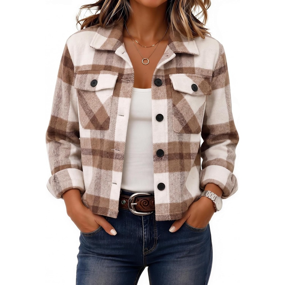 image:imageZeagoo Flannels for Women Cropped Shacket Jacket Fashion Plaid Fall CoatZgw20