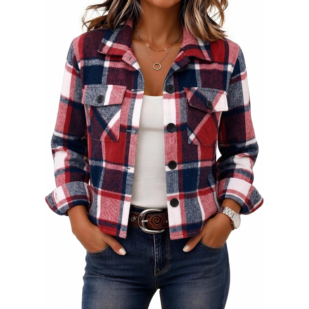 image:imageZeagoo Flannels for Women Cropped Shacket Jacket Fashion Plaid Fall CoatZgz545