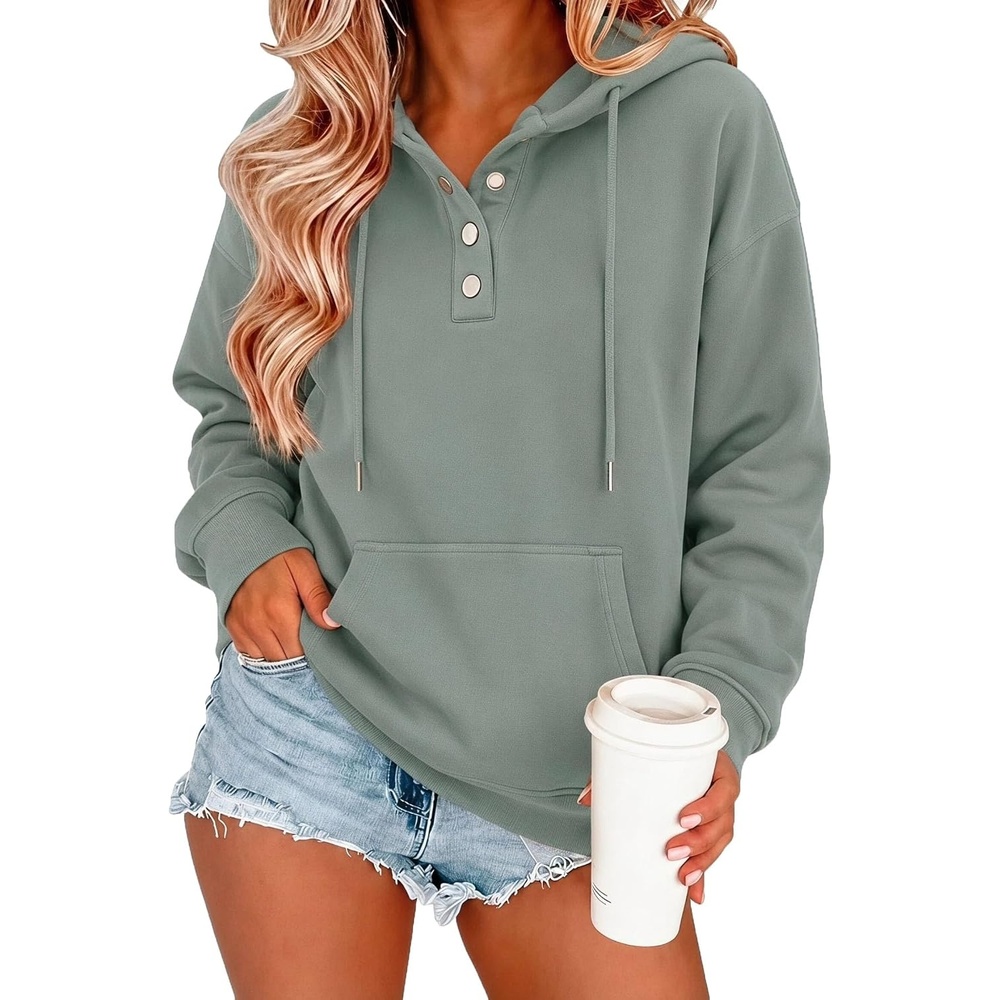 image:imageZeagoo Hoodies for Women Casual Button Sweatshirt Oversized Fall ClothesGray Green