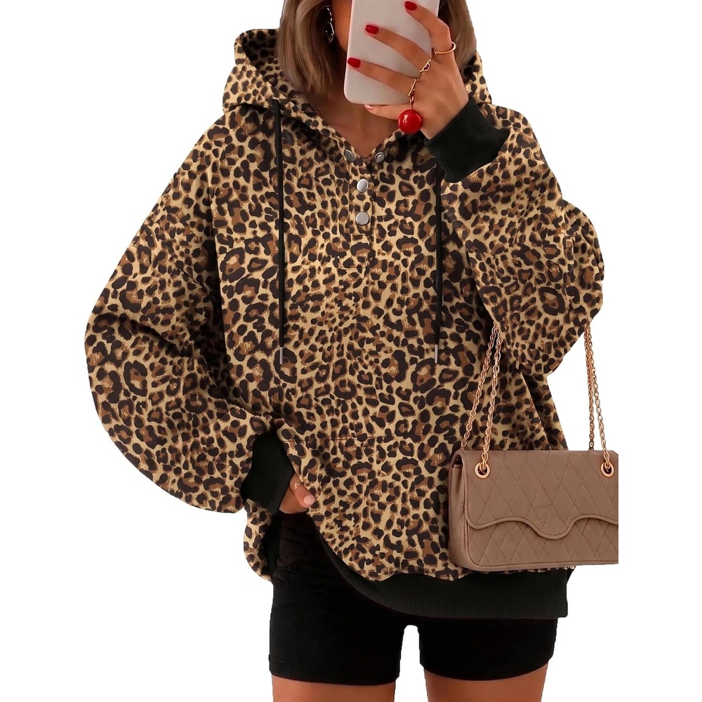 image:imageZeagoo Hoodies for Women Casual Button Sweatshirt Oversized Fall ClothesLeopard Print