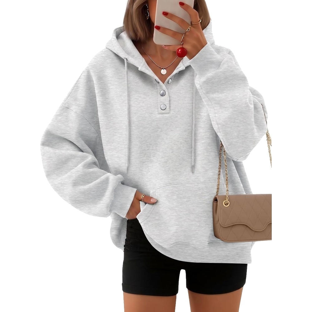 image:imageZeagoo Hoodies for Women Casual Button Sweatshirt Oversized Fall ClothesWhite Grey