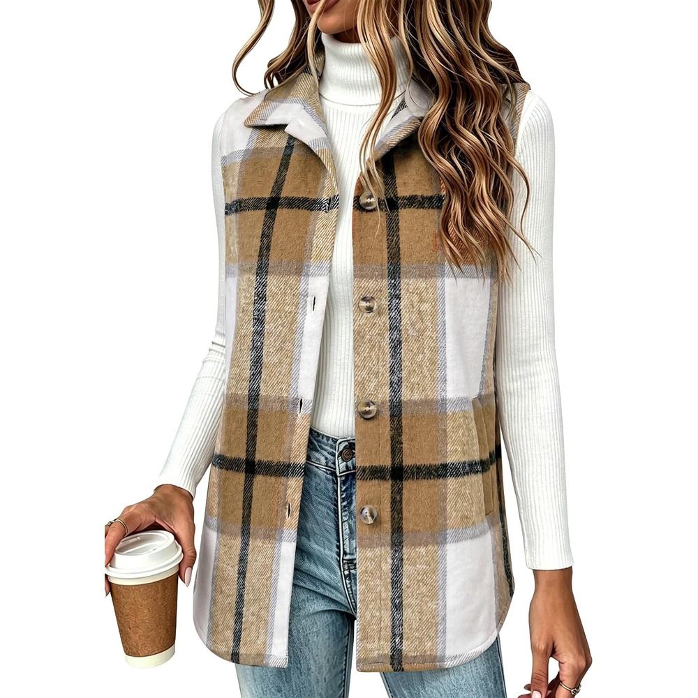 image:imageZeagoo Plaid Vest for Women Flannel Jackets Sleeveless Button Down ShirtsKhakigz554