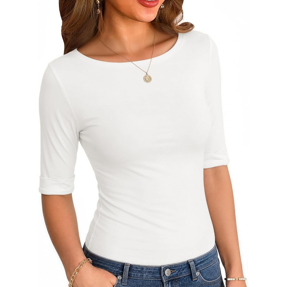 image:imageZeagoo Womens Half Sleeve Tops Boat Neck Tee Shirt Business Casual BlousesAwhite