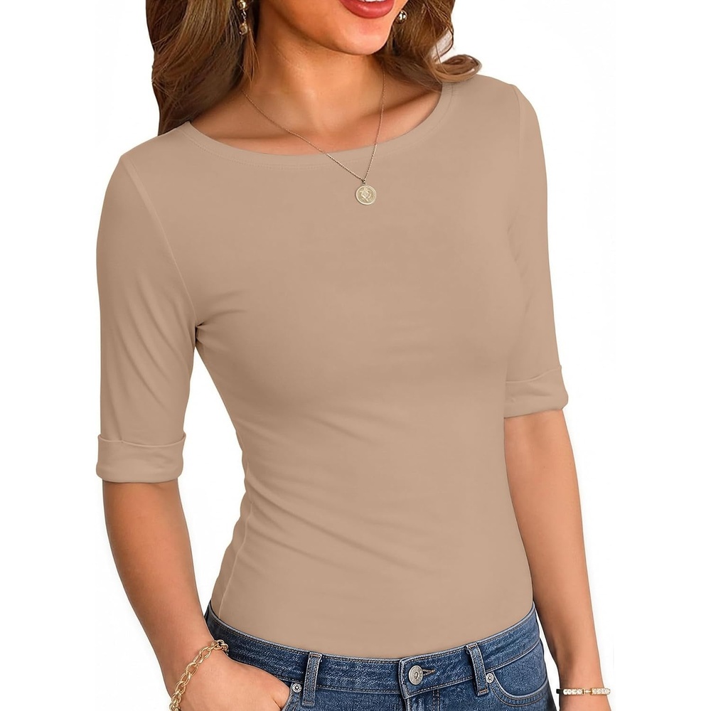 image:imageZeagoo Womens Half Sleeve Tops Boat Neck Tee Shirt Business Casual BlousesBrown