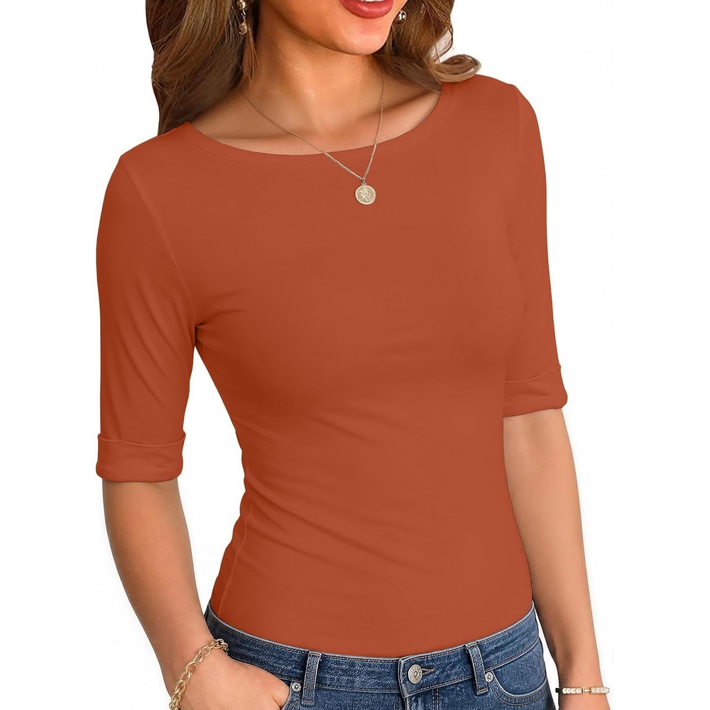 image:imageZeagoo Womens Half Sleeve Tops Boat Neck Tee Shirt Business Casual BlousesCaramel