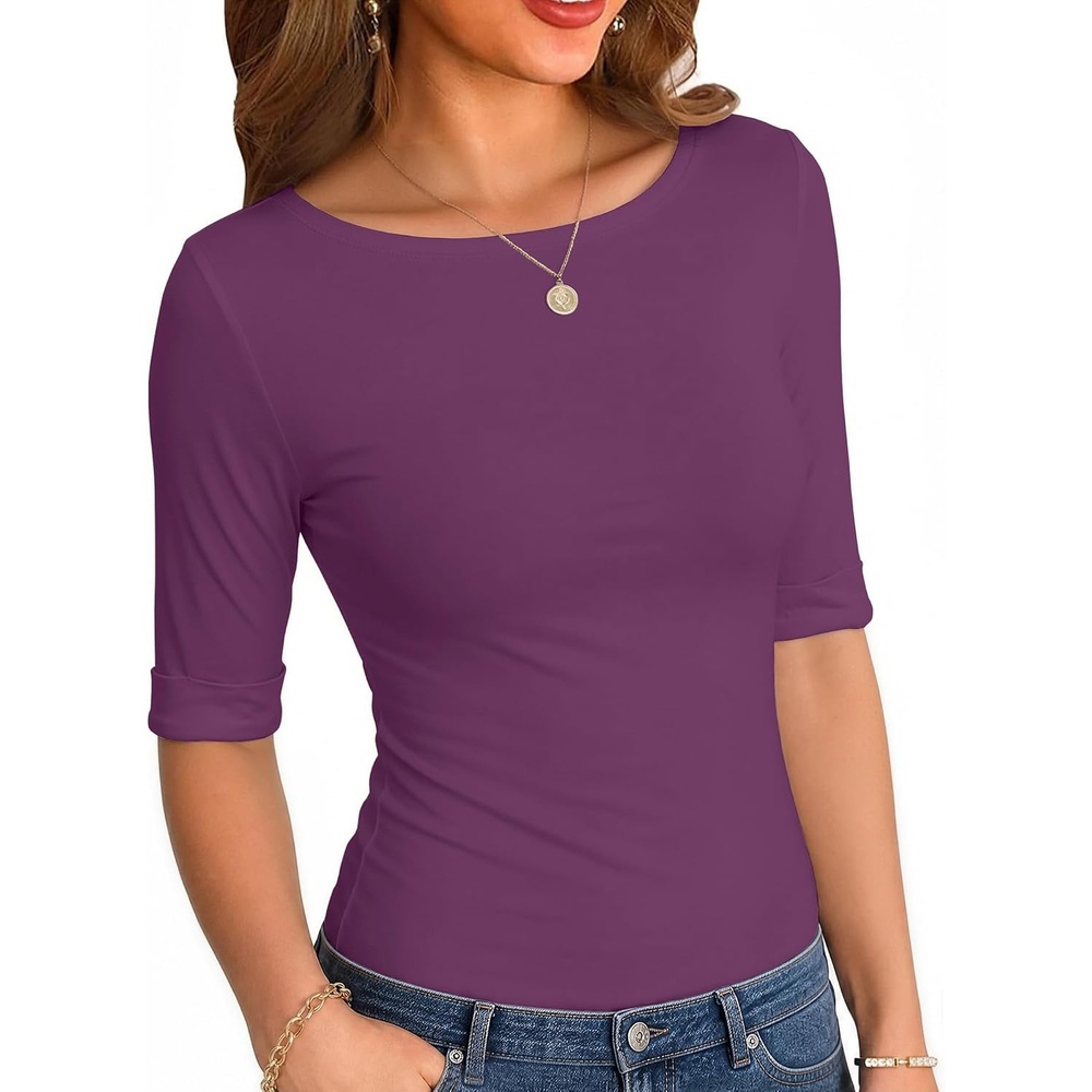 image:imageZeagoo Womens Half Sleeve Tops Boat Neck Tee Shirt Business Casual BlousesPlum