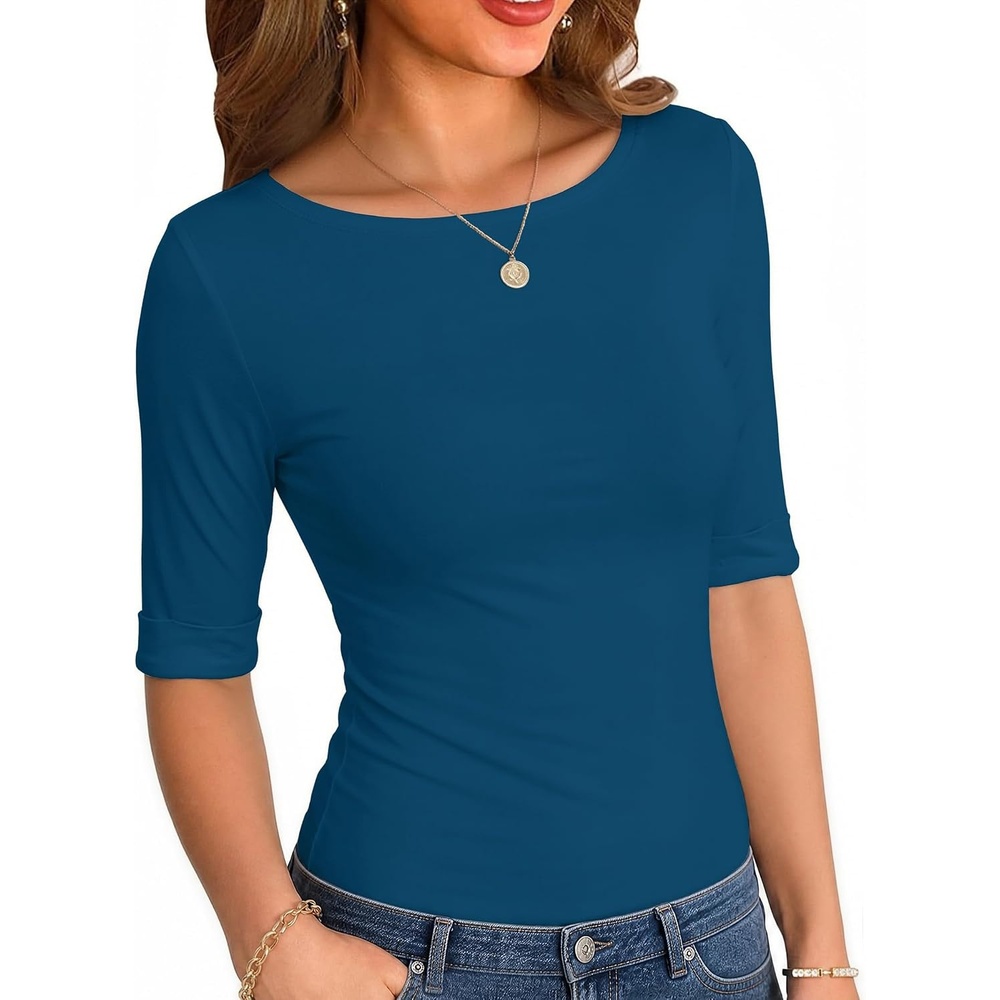 image:imageZeagoo Womens Half Sleeve Tops Boat Neck Tee Shirt Business Casual BlousesTeal