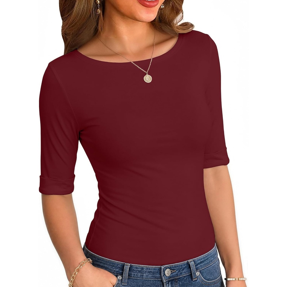 image:imageZeagoo Womens Half Sleeve Tops Boat Neck Tee Shirt Business Casual BlousesWine Red