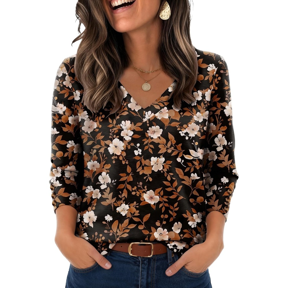image:imageZeagoo Womens Long Sleeve Tops V Neck T Shirts Dressy Casual BlouseBrown Floral