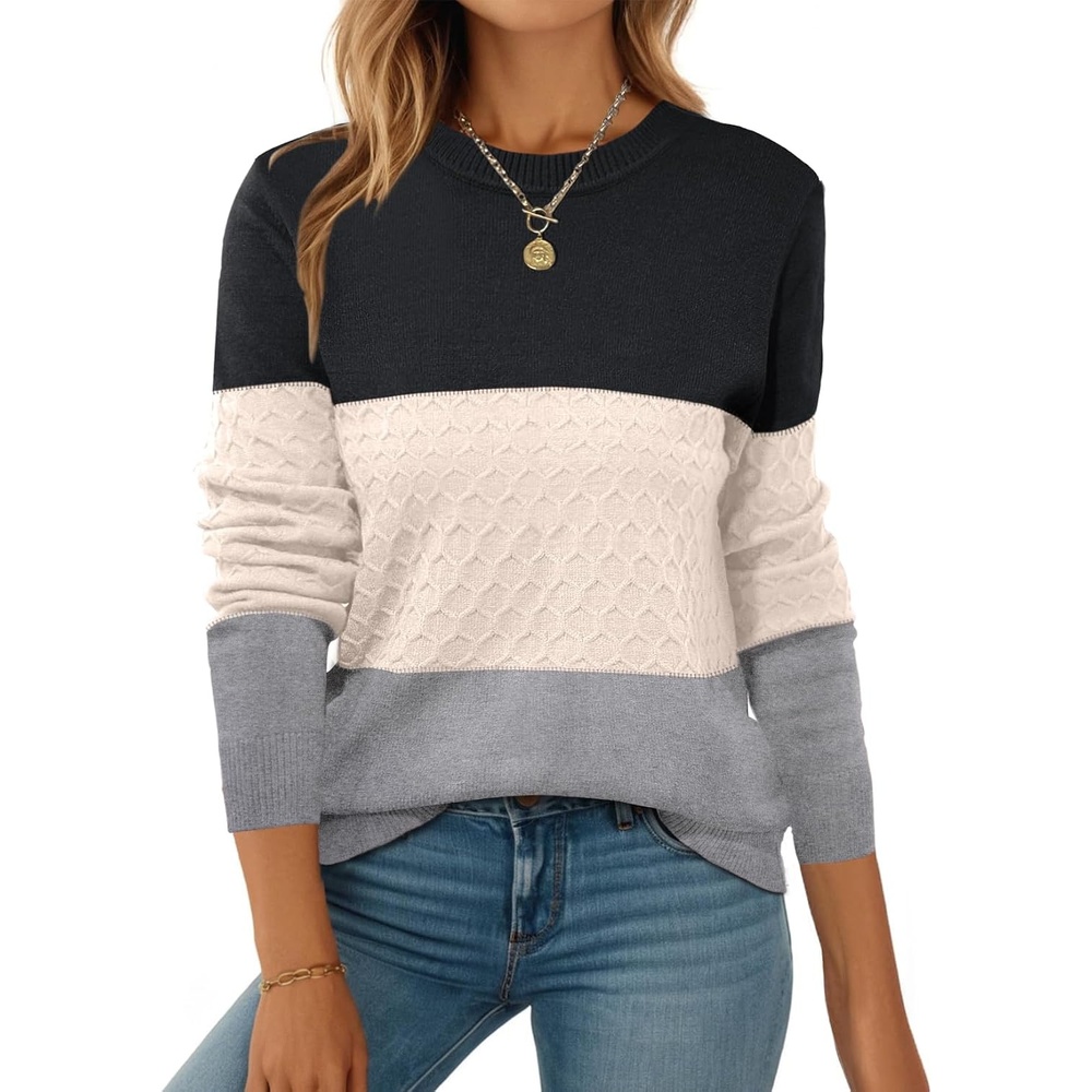 image:imageZeagoo Womens Sweaters Long Sleeve Crew Neck Ribbed Knit Tops Fall ClothesColorblock 558