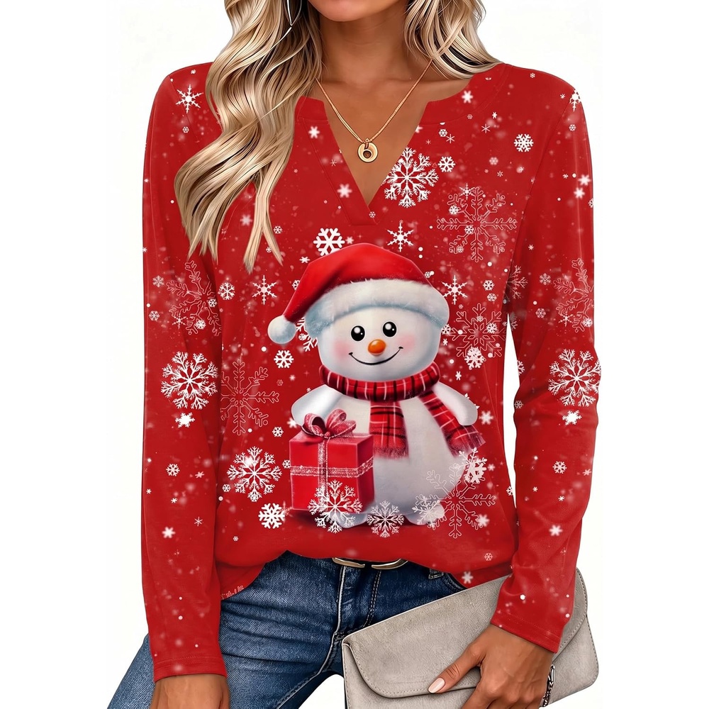 image:imageZeagoo Womens Tops Long Sleeve V Neck Tee Shirts Cute Dressy CasualRed Snowman Sd508