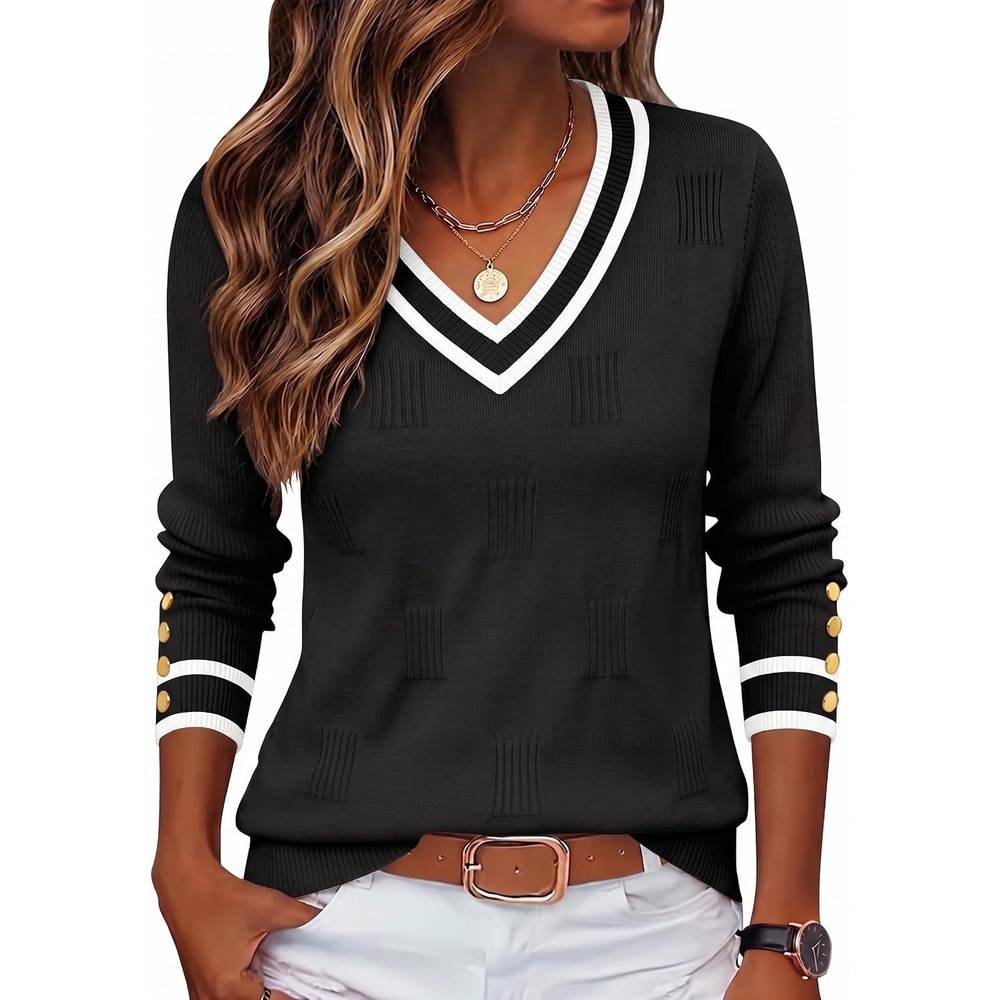 image:imageZeagoo Womens V Neck Sweaters Long Sleeve Lightweight with Buttons OufitsBlackwhite