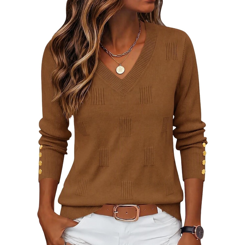 image:imageZeagoo Womens V Neck Sweaters Long Sleeve Lightweight with Buttons OufitsBrownie