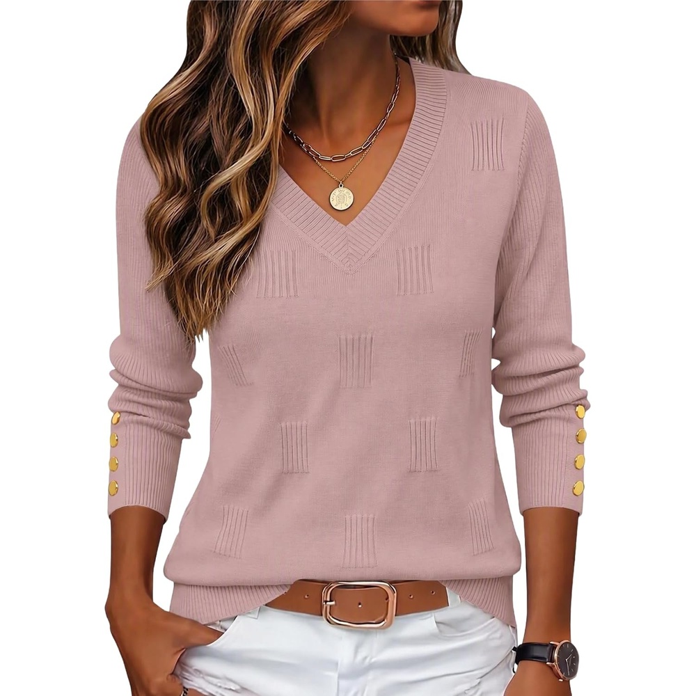 image:imageZeagoo Womens V Neck Sweaters Long Sleeve Lightweight with Buttons OufitsPink Purple