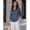 Zeagoo Womens Satin Blouses Button Down Shirts 3/4 Sleeve Dressy Tops S-2XL(Blue Stripe)