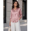 Zeagoo Womens Satin Blouses Button Down Shirts 3/4 Sleeve Dressy Tops S-2XL(Pink)