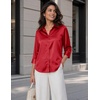 Zeagoo Womens Satin Blouses Button Down Shirts 3/4 Sleeve Dressy Tops S-2XL(Red)