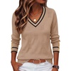 Zeagoo Womens V Neck Sweaters Long Sleeve Lightweight with Buttons Oufits(Khaki-black)