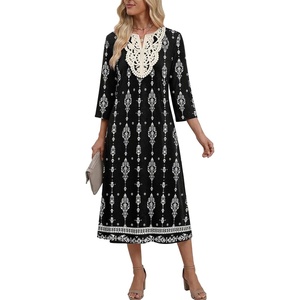 Zeagoo 3/4 Sleeve Dress for Women Midi Dresses V Neck Lace Casual Sundress(Black Printed)