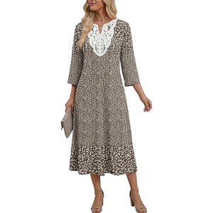 Zeagoo 3/4 Sleeve Dress for Women Midi Dresses V Neck Lace Casual Sundress(Little Brown Flower)