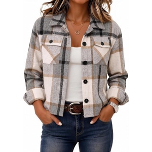 Zeagoo Flannels for Women Cropped Shacket Jacket Fashion Plaid Fall Coat(Z-gz549)