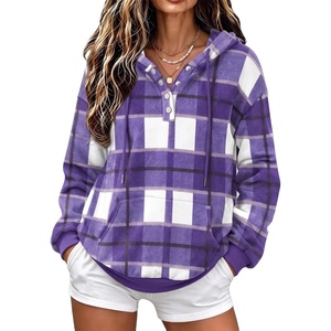 Zeagoo Hoodies for Women Casual Button Sweatshirt Oversized Fall Clothes(Purple Plaid)