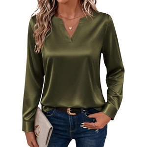 Zeagoo Satin Blouses for Women Silk Tops Long Sleeve Shirts Fall Clothes(Army Green)