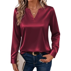 Zeagoo Satin Blouses for Women Silk Tops Long Sleeve Shirts Fall Clothes(Wine Red)
