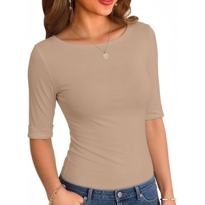 Zeagoo Womens Half Sleeve Tops Boat Neck Tee Shirt Business Casual Blouses(Brown)