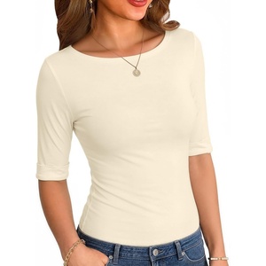 Zeagoo Womens Half Sleeve Tops Boat Neck Tee Shirt Business Casual Blouses(Cream)