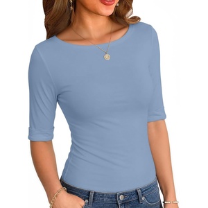 Zeagoo Womens Half Sleeve Tops Boat Neck Tee Shirt Business Casual Blouses(Grey Blue)
