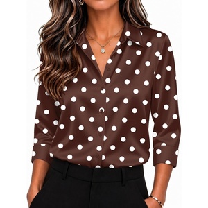 Zeagoo Womens Satin Blouses Button Down Shirts 3/4 Sleeve Dressy Tops S-2XL(Brown Polka Dots)