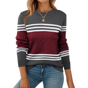 Zeagoo Womens Sweaters Long Sleeve Crew Neck Ribbed Knit Tops Fall Clothes(Red Black)