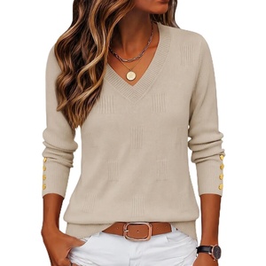 Zeagoo Womens V Neck Sweaters Long Sleeve Lightweight with Buttons Oufits(Almond)