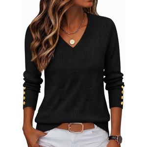 Zeagoo Womens V Neck Sweaters Long Sleeve Lightweight with Buttons Oufits(Black)