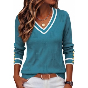Zeagoo Womens V Neck Sweaters Long Sleeve Lightweight with Buttons Oufits(Blue-white)