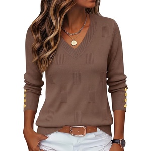 Zeagoo Womens V Neck Sweaters Long Sleeve Lightweight with Buttons Oufits(Brown)