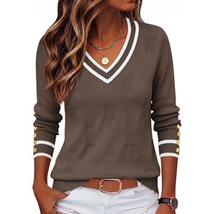 Zeagoo Womens V Neck Sweaters Long Sleeve Lightweight with Buttons Oufits(Brown-white)