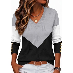 Zeagoo Womens V Neck Sweaters Long Sleeve Lightweight with Buttons Oufits(C-grey Black)