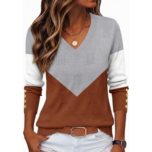 Zeagoo Womens V Neck Sweaters Long Sleeve Lightweight with Buttons Oufits(C-grey Caramel)