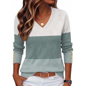 Zeagoo Womens V Neck Sweaters Long Sleeve Lightweight with Buttons Oufits(D-blue-green)