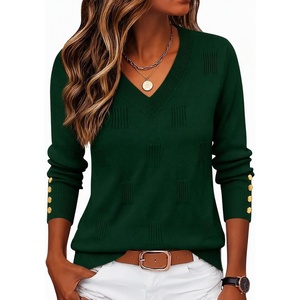 Zeagoo Womens V Neck Sweaters Long Sleeve Lightweight with Buttons Oufits(Forest Green)