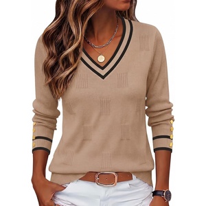 Zeagoo Womens V Neck Sweaters Long Sleeve Lightweight with Buttons Oufits(Khaki-black)